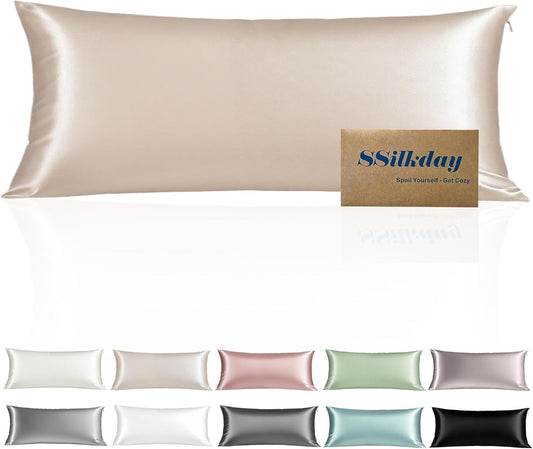 Mulberry Silk Body Pillow Pillowcase with Zipper, Ultra Smooth Soft Breathable Cooling Pillow Cases for Hot Sleepers, Silk Satin Body Pillow Cover for Hair and Skin (Champagne, 20×54 Inches, 1 Pack)