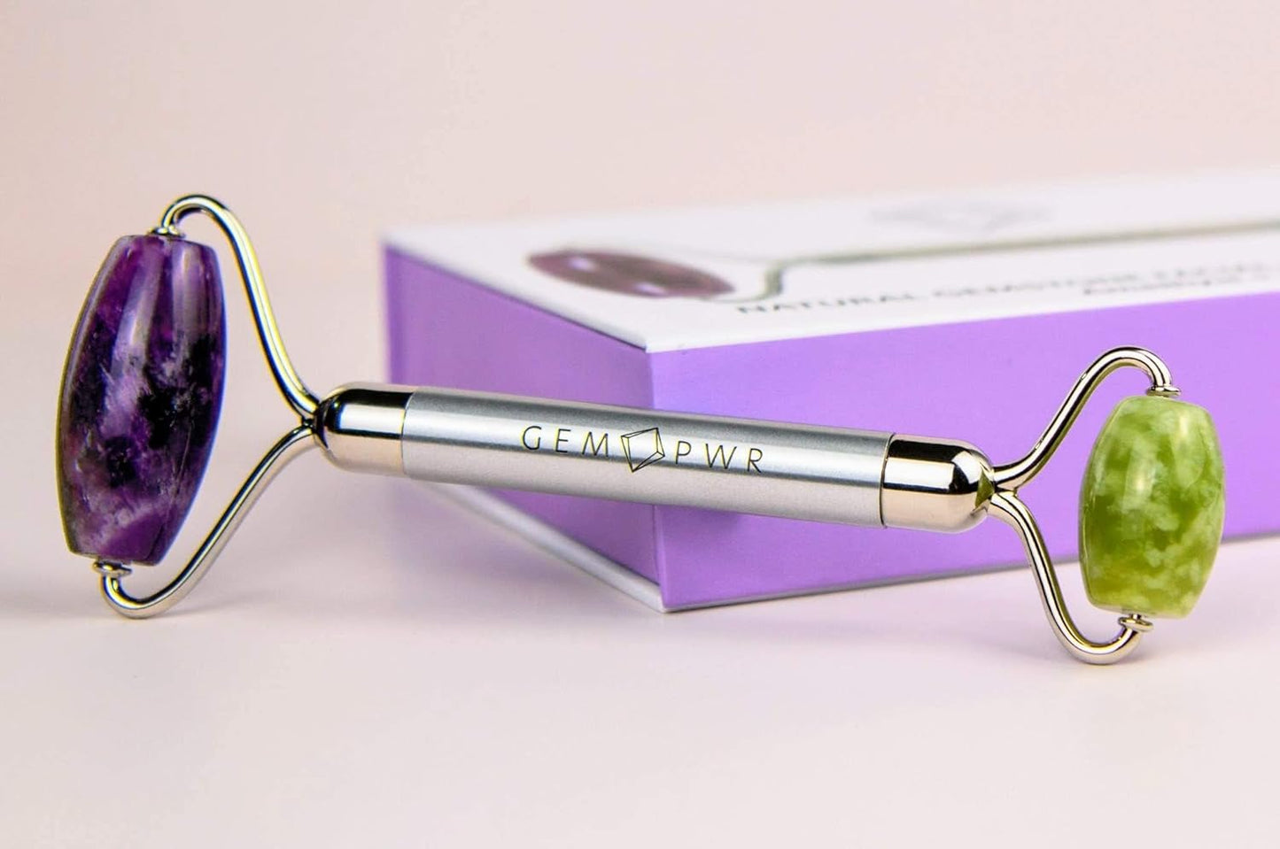 Amethyst + Jade Roller for Face and Neck Massage, Dual Gemstones with Durable Steel Handle and Travel Bag. Minimize Wrinkles, Reduce Puffiness and Restore Skin's Elasticity and Radiance