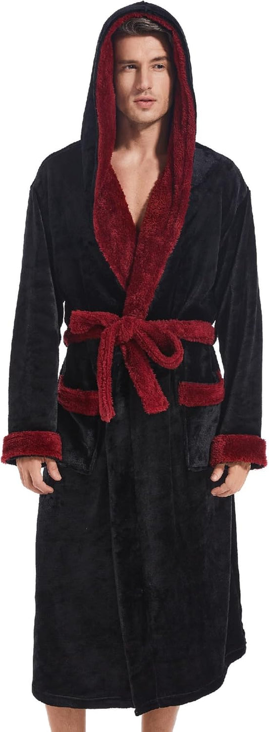 Inner Wish Mens Hooded Robe, Plush Long Bath robes Cozy Warm Bathrobe Fuzzy male Spa Robe With Pockets