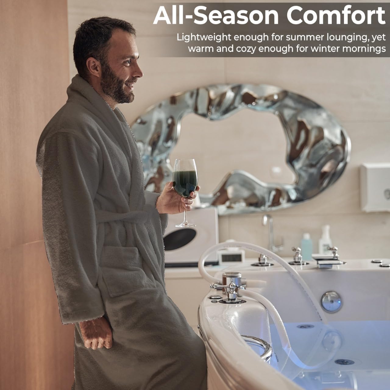 Men’s Hooded Bathrobe, 100% Cotton Terry Bathrobe, Spa Style Bath Robe, Absorbent Shower Robe, Lightweight Towel Bathrobes