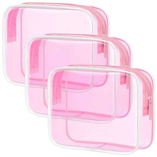 PACKISM Clear Makeup Bags - 3 Pack Tsa Approved Toiletry Bag with Zipper, Water-resistant Clear Cosmetic Bags Fit Travel Essentials, Carry-on Travel Toiletry Bag, Fluorescent Pink