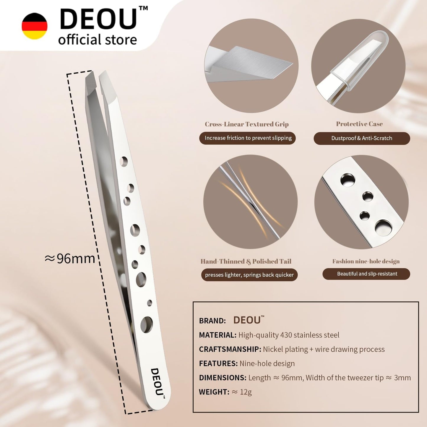 DEOU Professional Eyebrow Plucker & Tweezers - Stainless Steel Tool for Brow Shaping, Hair Removal & Precise Grooming, 9-Hole Non-Slip Grip, Unisex, Gift Box Included