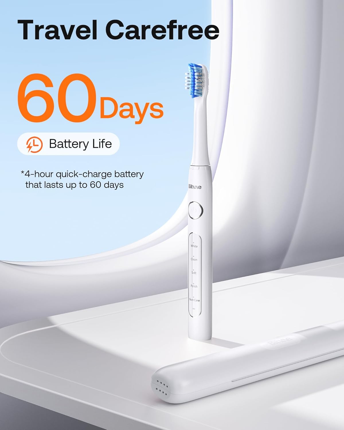 Bitvae Ultrasonic Electric Toothbrush for Adults and Kids, ADA Accepted Travel Toothbrush with Rechargeable 60-Day Battery Life, 5 Modes, 8 Heads, Case, Holder, Frost White