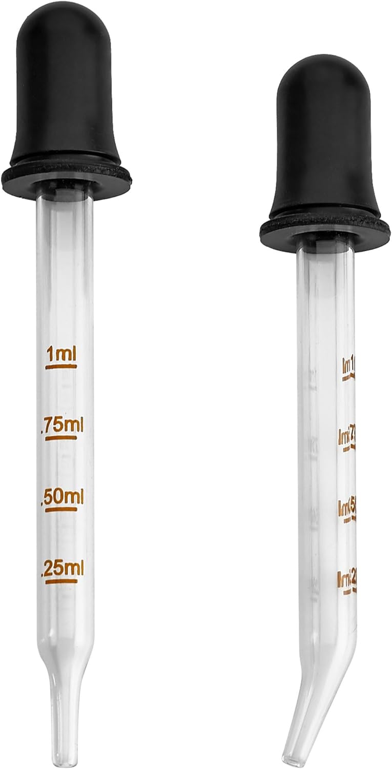 MEDca Eye Dropper - (Pack of 2) Bent & Straight Tip Calibrated Glass Medicine Droppers for Medications or Essential Oils Pipette Dropper for Accurate Easy Dose and Measurement (1 mL Capacity)