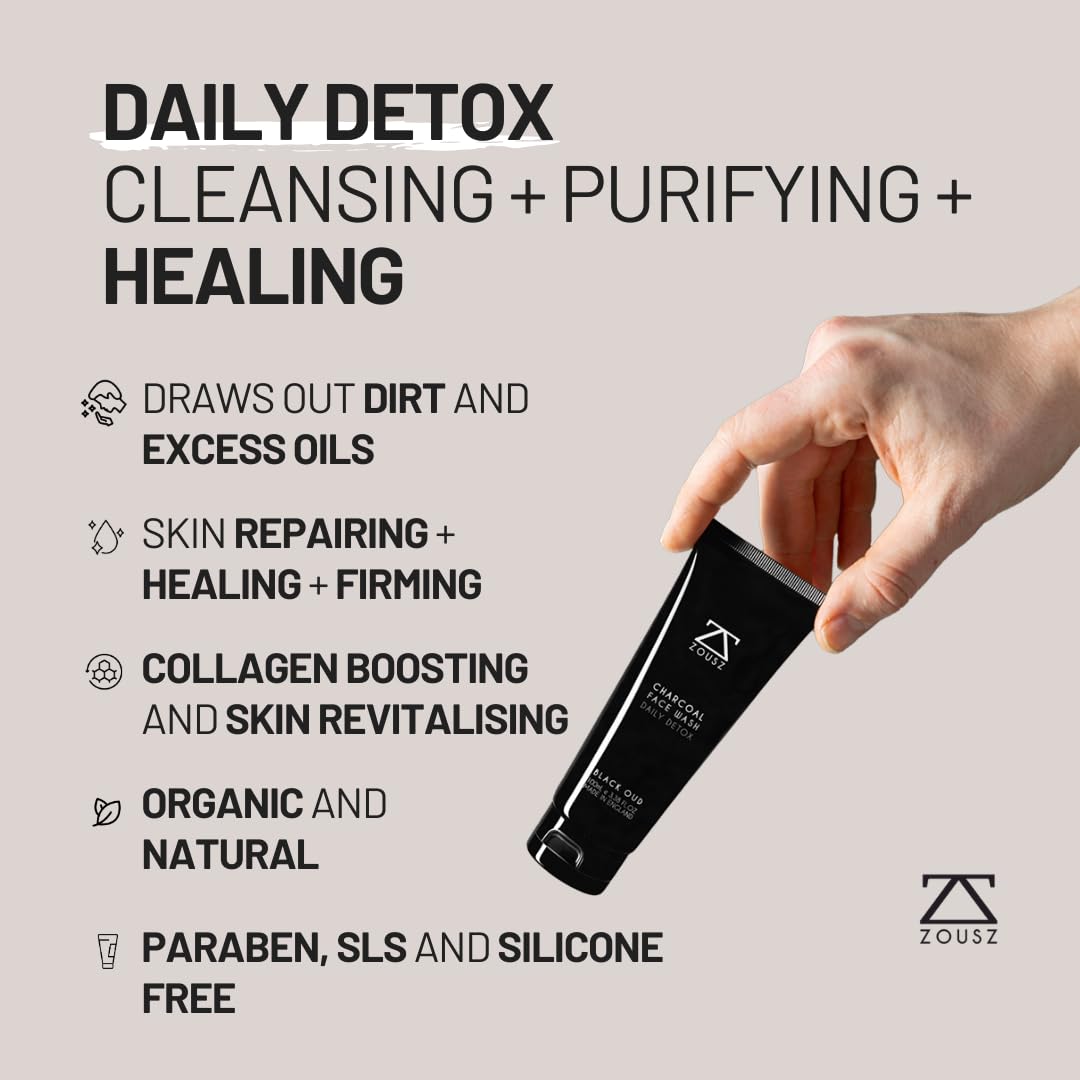 ZOUSZ Black Oud Charcoal Face Wash for Men – Daily Detox Activated Charcoal Face Cleanser – Premium Mens Skincare – Refreshing Face Wash Gift for Men, 100ml