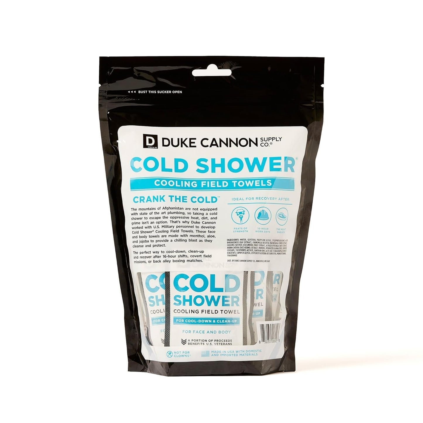 Duke Cannon Cold Shower Cooling Field Towels – Menthol Body Wipes for Men, No Rinse Face & Body Cleansing Wipes, 15 Individually Wrapped Towels (2 Pack)