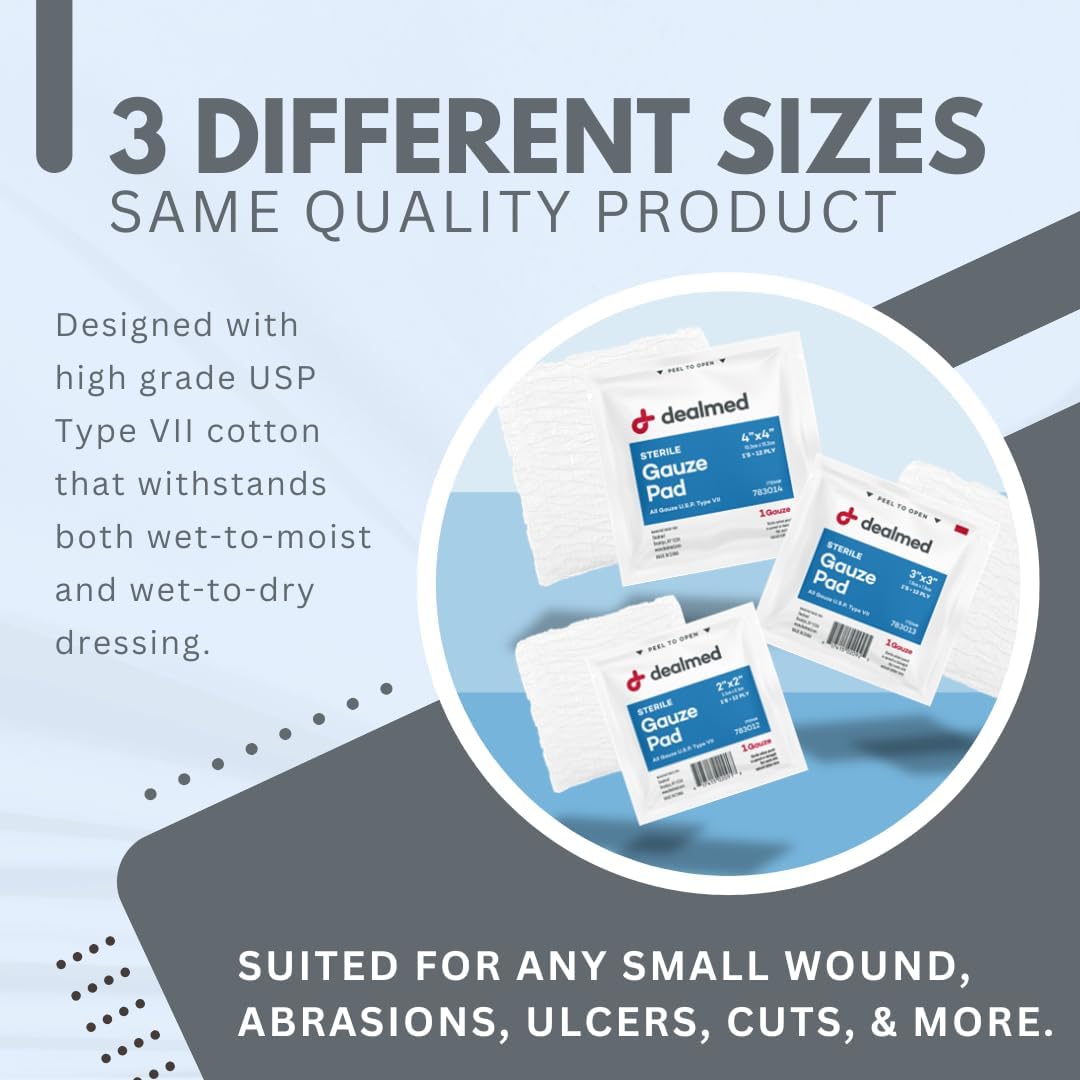 Dealmed 2’’ x 2’’ Sterile Gauze Pads (100 Count) Disposable and Individually Wrapped Medical Gauze Pads, Wound Care Product for First Aid Kit and Medical Facilities (Case of 24)