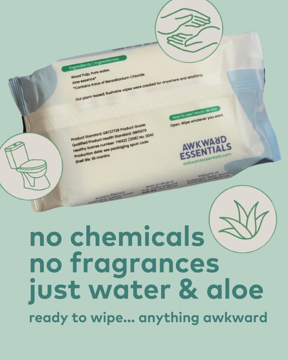 Awkward Essentials Clean AF Wipes for Personal Hygiene with Aloe & Water - Gentle, Two-Ingredient, pH-Friendly Cleansing Wipes for Body, Post-Workout & Intimate Use