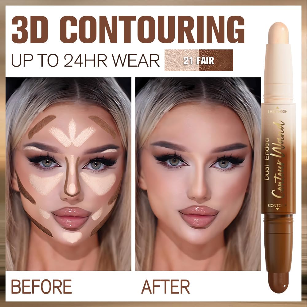 2Pcs Cream Contour Stick Face Body Makeup Dual Ended, Nuetral Nude Beige & Darker Nude Pink no Transfer Waterproof 2 in 1 Cream Concealer Stick Contouring Makeup Set, Face Nose Contour Bronzer Sticks