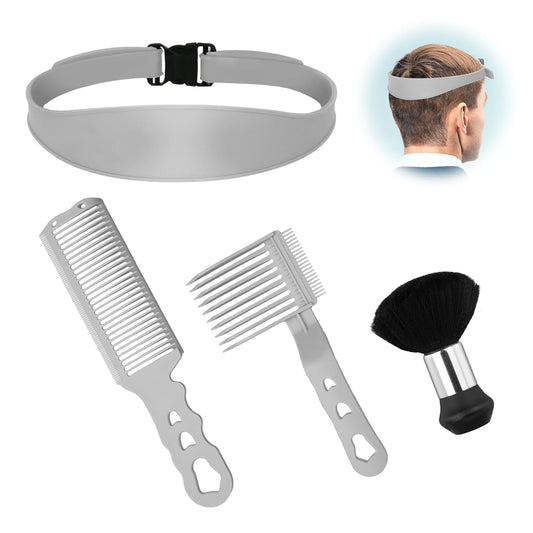 Fade Comb for Men Haircut,4PCS Fade Guide for Men Haircut Kit with Silicone Haircut Band,Barber Comb and Hairdressing Sweeping Brush,Self Hair Cutting Tool for Home DIY(Gray)
