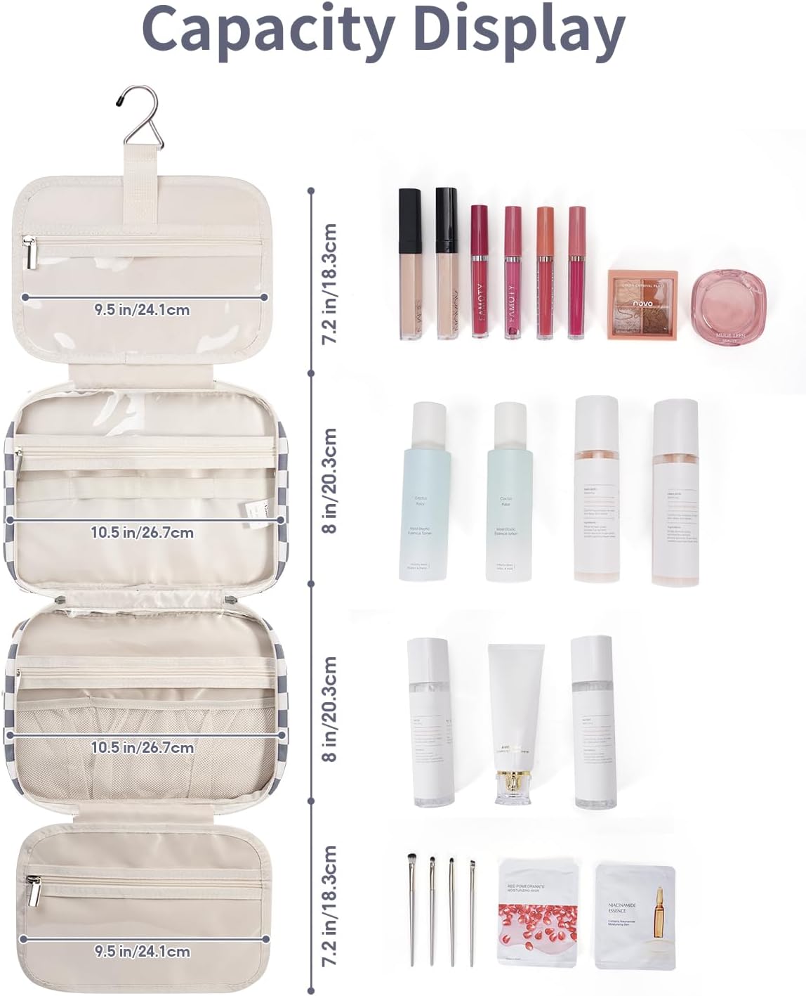 Narwey Hanging Toiletry Bag for Women Travel Makeup Bag Organizer Toiletries Bag for Travel Size Essentials Accessories Cosmetics (Grayish Blue Checkerboard (Medium))