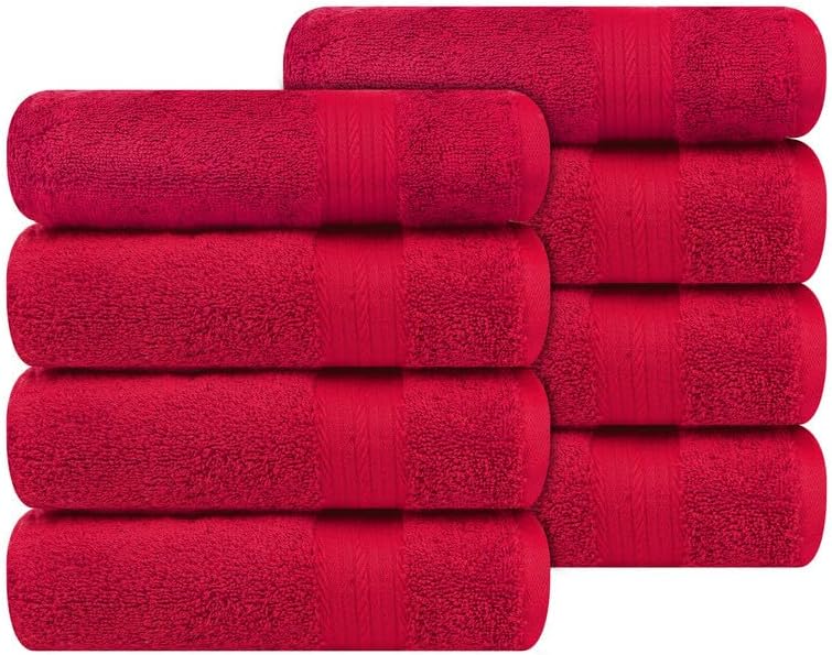 Ample Decor Hand Towel 18 X 28 Inch Pack of 8 600 GSM 100% Cotton, Soft Absorbent Premium Quality, for Hotel, Bathroom, Spa, Gym - Red