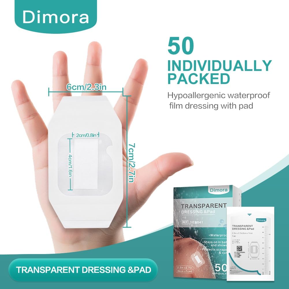 Dimora Transparent Film Dressing with Pad 50 Pack, 2.3"x2.7" Waterproof Adhesive Bandages Post Surgical Wound Cover Barrier Film