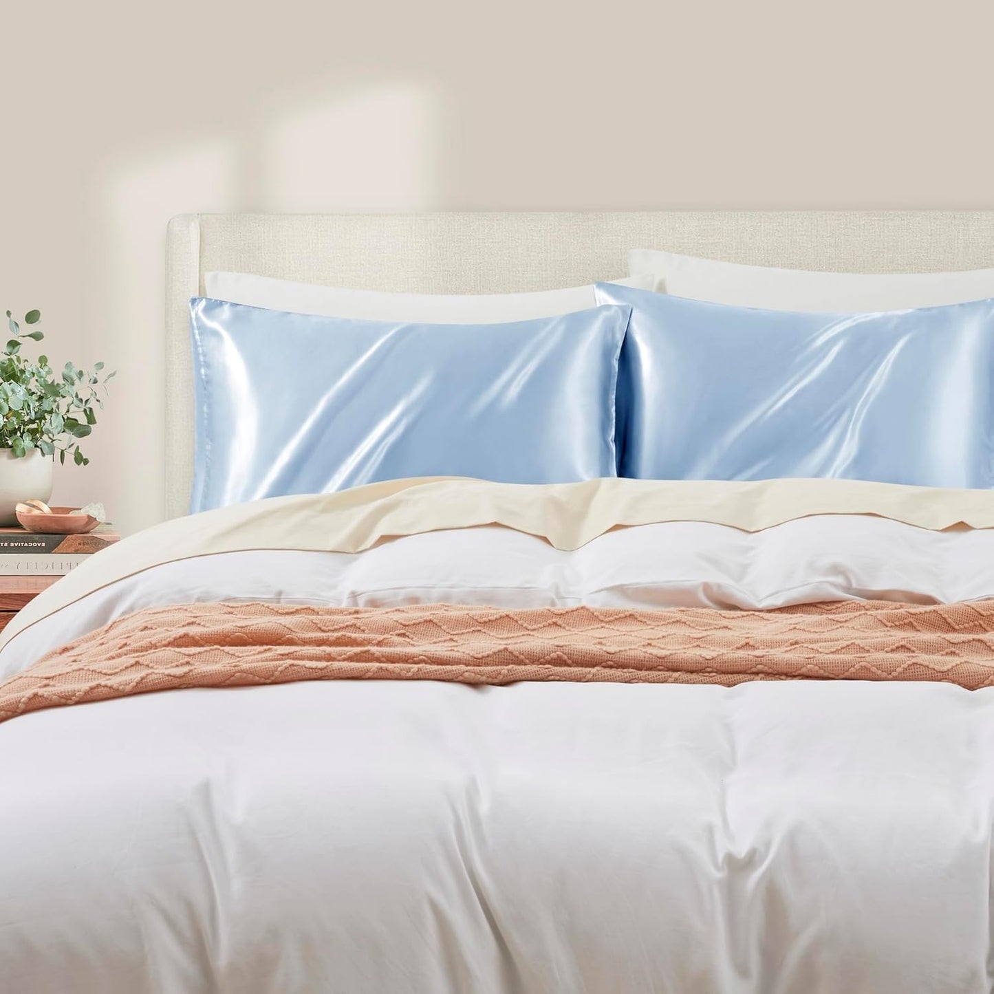 Juwenin Bedding,Luxury Satin Pillowcase with Zipper (Silky Satin Pillow Case for Hair) Set of 2 (Blue, Standard(20''x26''))