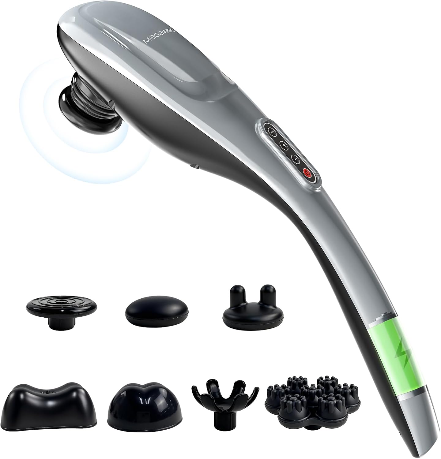MEGAWISE Handheld Back Massager | Deep Tissue Percussion Massage for Back, Neck, Shoulders, Waist and Legs (Cordless Silver)