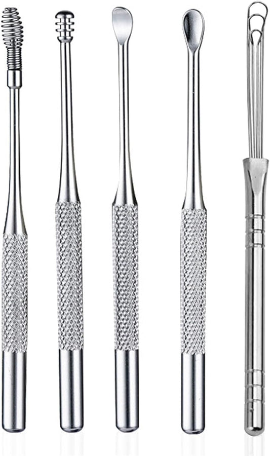 Ear Wax Removal kit, 5 Pcs Stainless Metal Earwax Removal Tool for Adults with Ear Spoon & Spiral Spring, Ear Cleaning Reusable