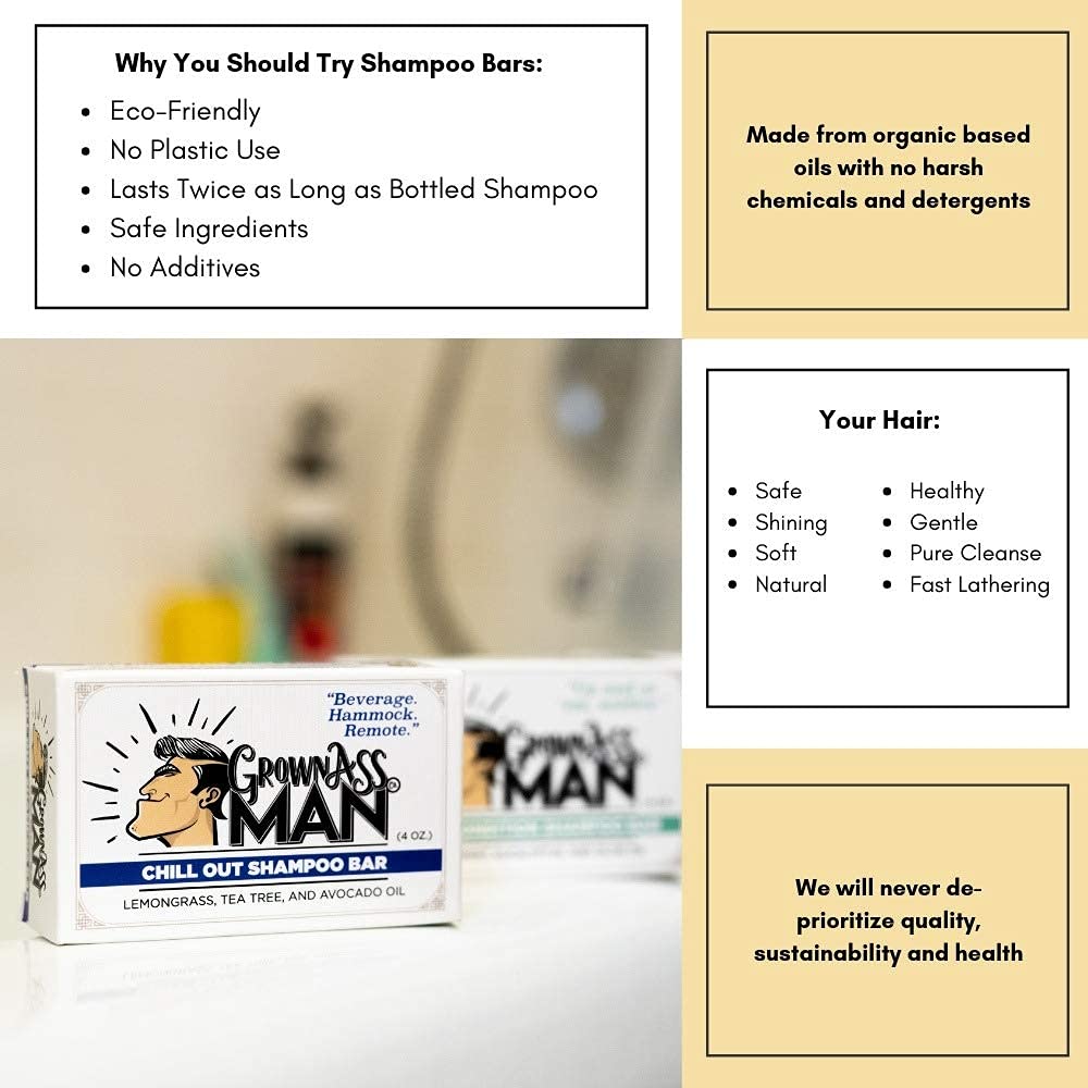 Grown Ass Man Co. - Solid Shampoo Bar Rich Lather 3 in 1: Hair, Beard & Body Wash - Plastic Free & Eco-Friendly, Natural & Organic Clean for All Hair Types, 4oz Bar (Variety, 6-Pack)