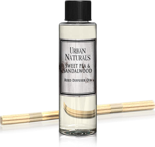 Urban Naturals Reed Diffuser Oil Refill, Sweet Pea & Sandalwood Diffuser Oils with Jasmine, Berries, Sweet Pea, 4 oz + Free Reed Sticks, Made in The USA