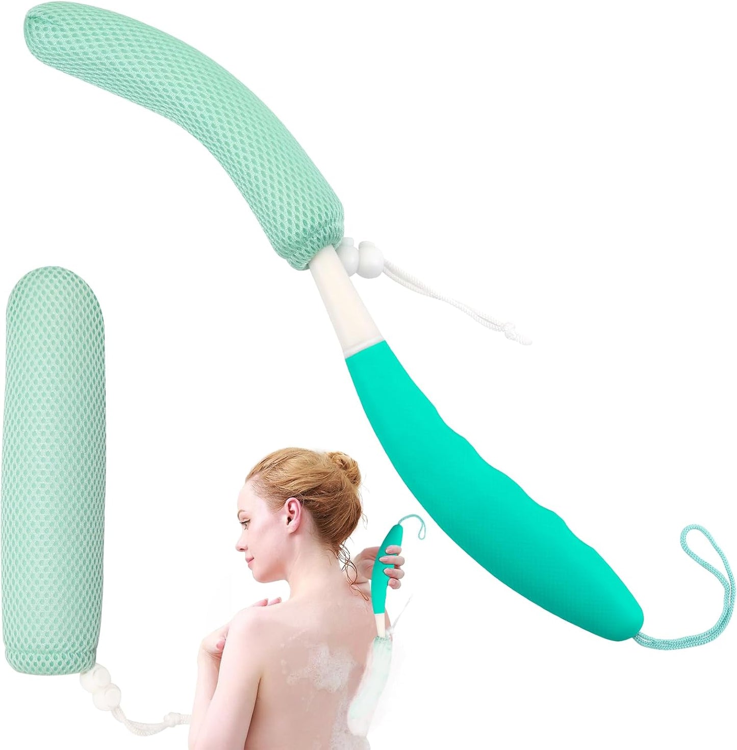 15.35" Back Bath Brush with Sponge,Back Scrubber Bath Mesh with Anti-Slip Curved Long Handle Bath Body Brush for Elderly Aid Bathing and Shower