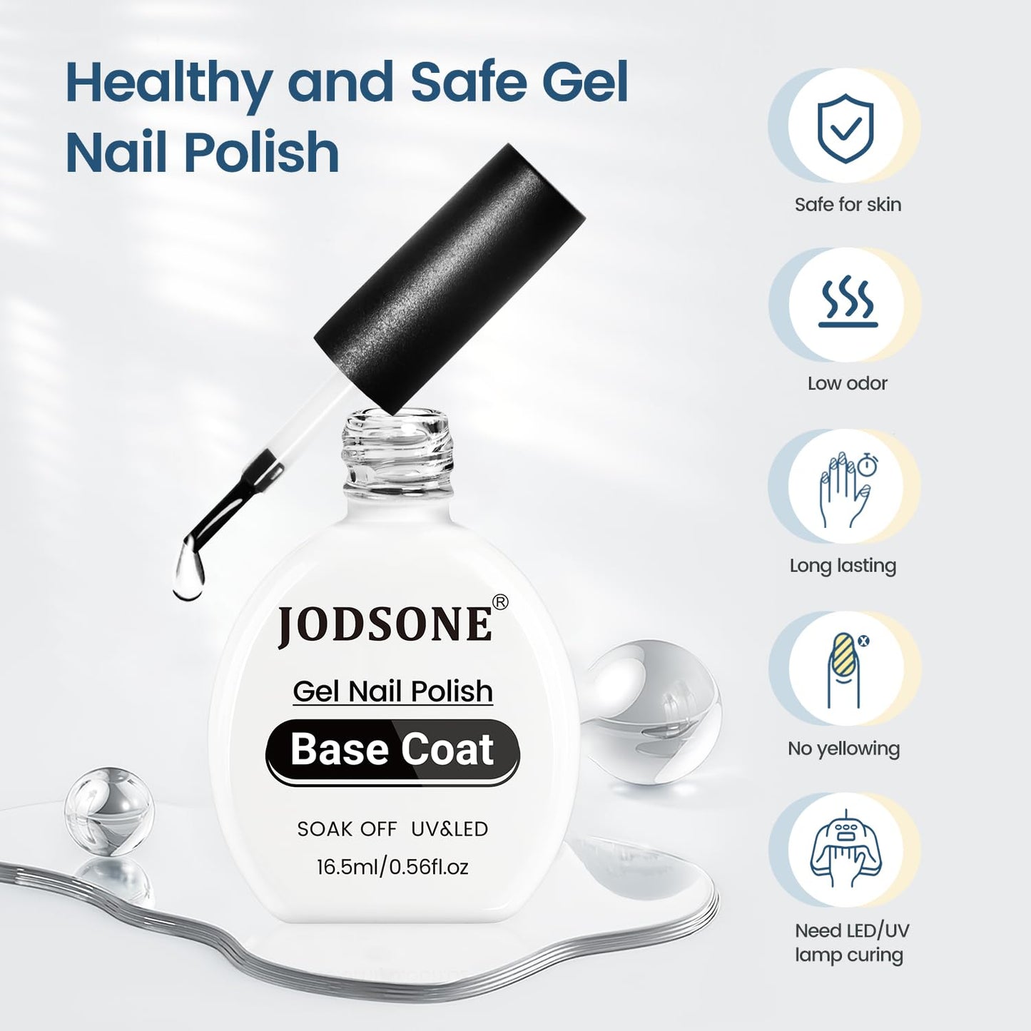 JODSONE 16.5ml Base Coat Gel No Wipe Long Lasting Streak-Free Shine Clear Base Gel Nail Polish Need U V Lamp Cured at Home DIY Nail Salon Girl Gift