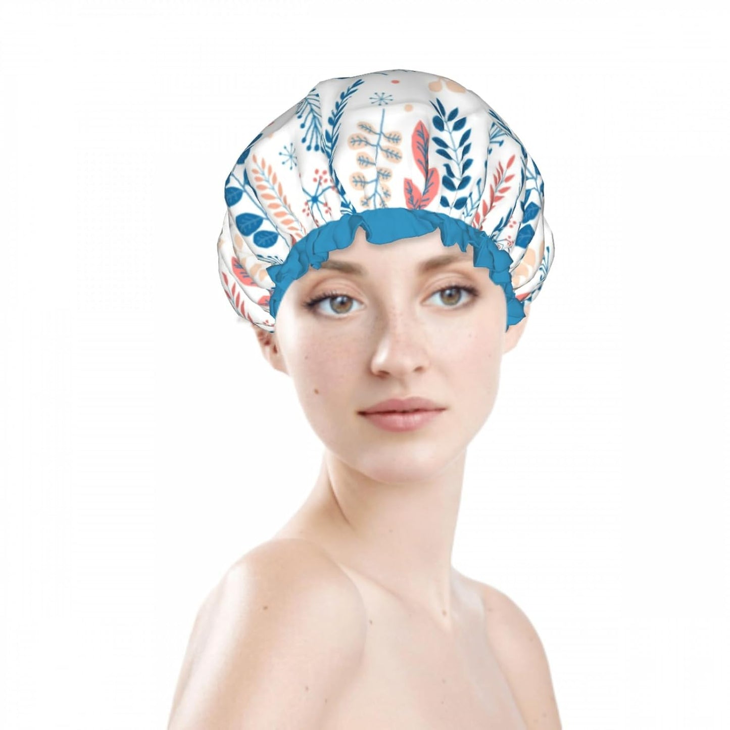 Cute Colorful Leaves Double Layer Waterproof Shower Cap for Women Reusable Bath Cap for All Long Hair Lengths Soft Bath Shower Hat