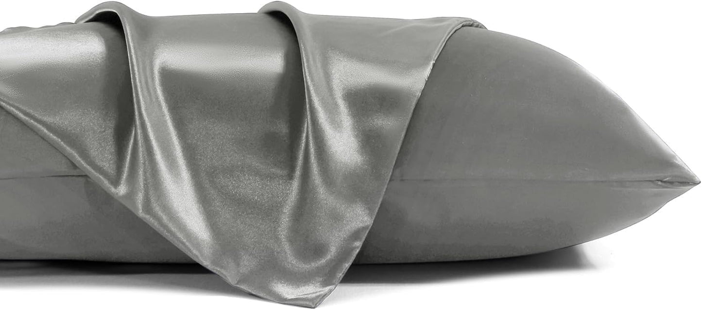Juwenin Bedding,Super Soft and Luxury Silky Satin Pillowcase (Silky Satin Pillow Case for Hair) Set of 2 (Dark Grey, King (20'x40'))
