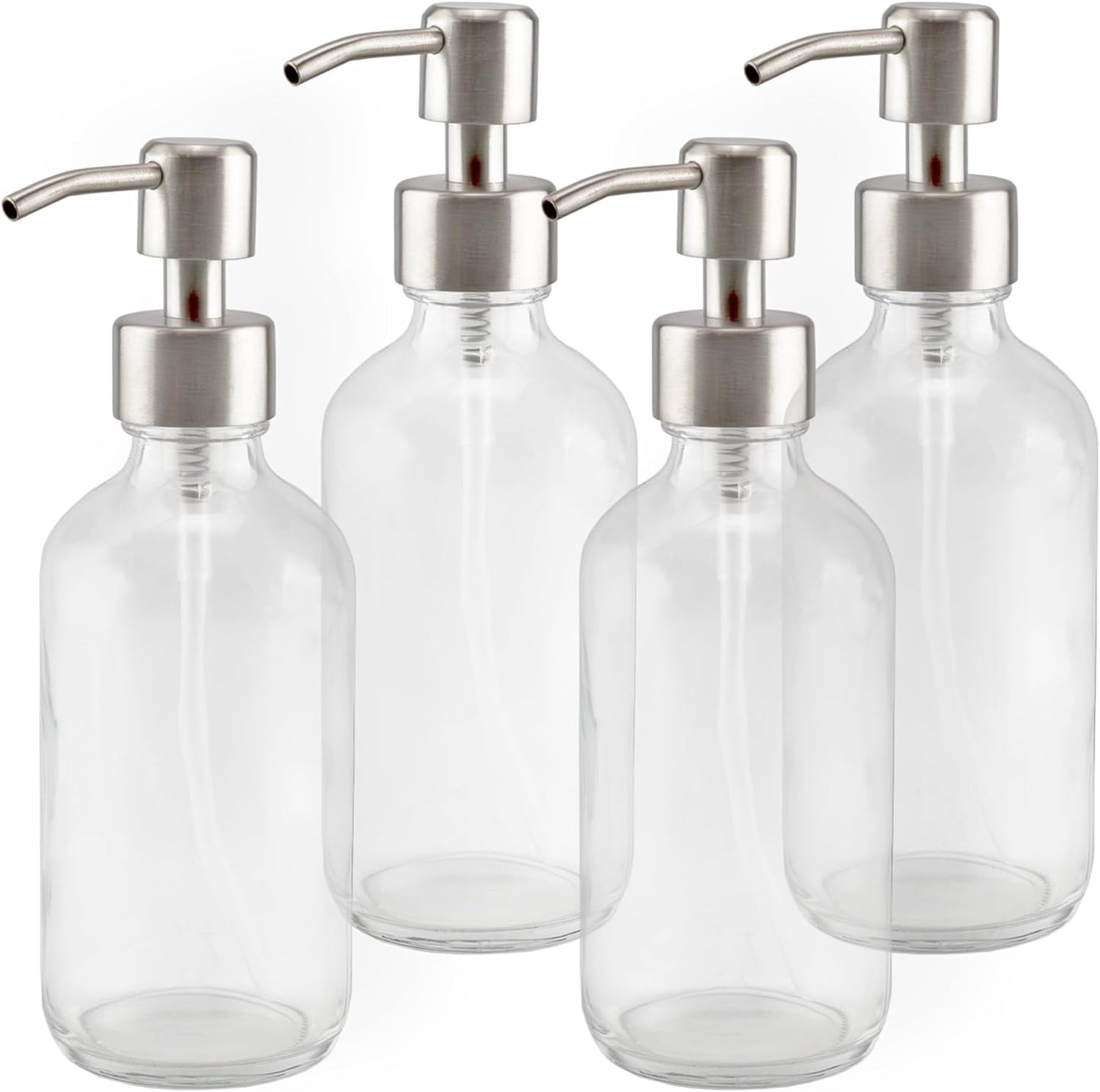 Cornucopia Brands 8-Ounce Clear Glass Boston Round Bottles w/Stainless Steel Lotion Pumps (4-Pack); Empty Refillable Liquid Soap & Lotion Bottles