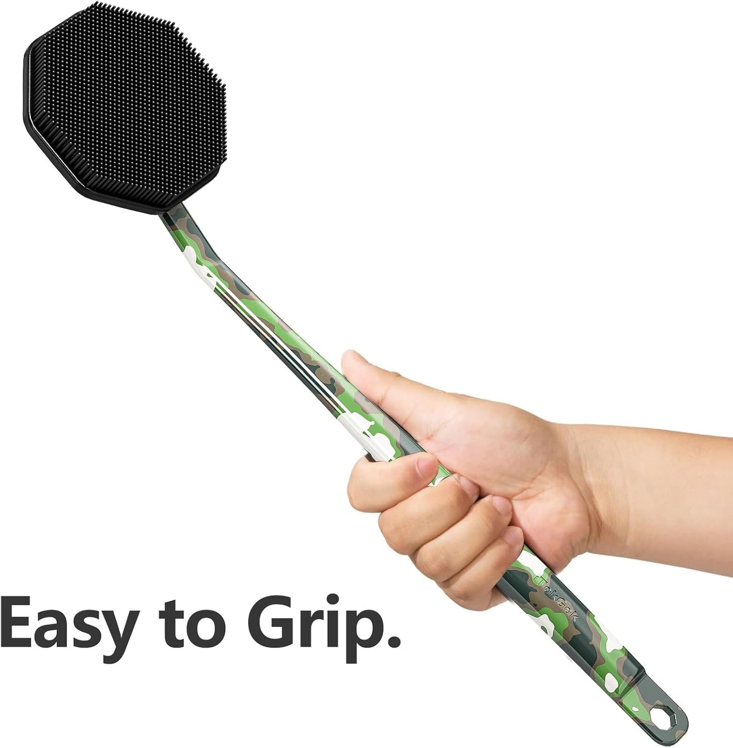 iTokGoK® Platinum Camo Green Pattern Silicone Back Scrubber with Long Handle Back Brush for Shower,Silver-Infused Back Scrubber for Men and Women (Camo Green)