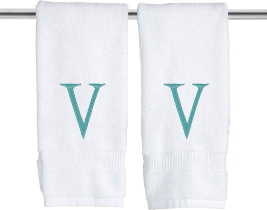 Teal Initial Hand Towel for Bathroom - Monogrammed Luxury Hotel Quality Decorative Embroidered Towel for Powder Room, Spa - GOTS Organic Certified - Pack of 2, Letter V