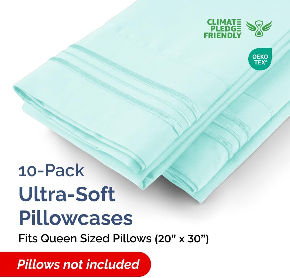 Queen Pillow Cases Set of 10 - Ultra Soft Hotel Quality Pillowcase Covers - Comfy, Cozy & Wrinkle Free - Shrink, Stain and Fade Resistant - Machine Washable Pillow Protectors - 10 Pcs Set - Spa Blue