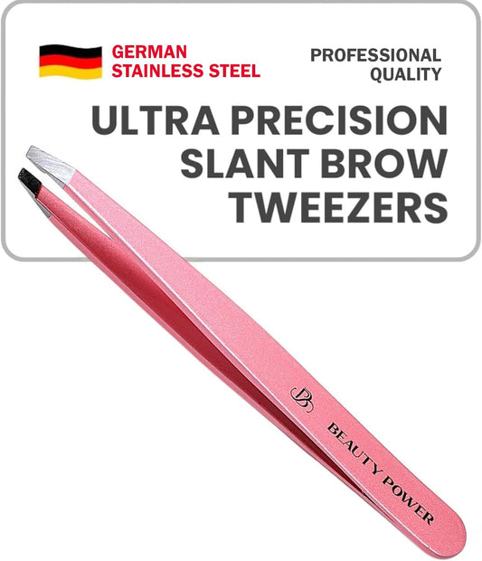 Ultra-Precision Professional Slant Tweezers for Women Facial Hair - German Stainless Steel, Lightweight Black Tweezers for Women & Men, Ideal for Eyebrow & Facial Grooming (Pink)