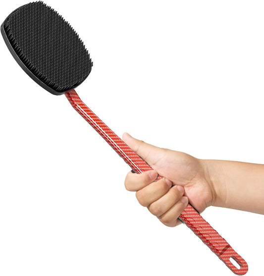 New Carbon Fiber- Red Silicone Back Scrubber for Shower, Back Shower Brush with Long Handle Back Scrubber for Men and Women