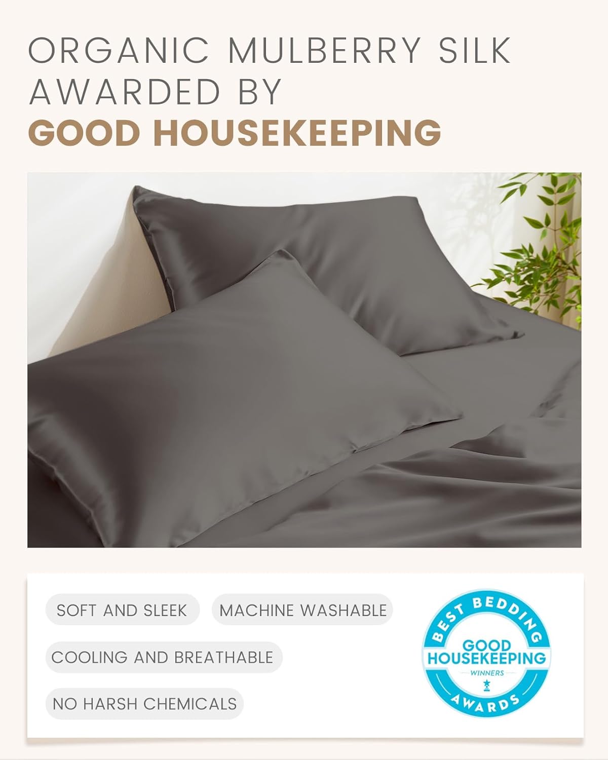 THXSILK Set of 2 Mulberry Silk Pillow Cases, 100% Mulberry Silk Pillowcase for Hair and Skin, 19 Momme Hypoallergenic Pillow Cover with Hidden Zipper (Dark Gray, Standard 20"x26")