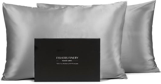 Fishers Finery 30mm 100% Pure Mulberry Silk Pillowcase 2 Pack, Quality Tested (Silver, Standard, 2 Pack)