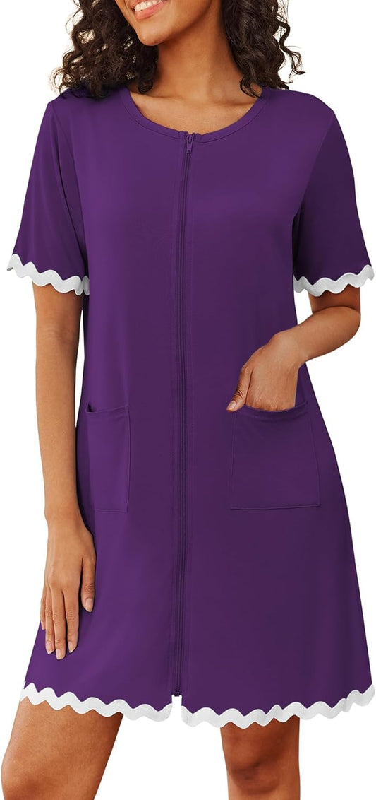 Ekouaer Women Zip Up Robe Lightweight Housecoats with Pockets Knee Length Short Bathrobes Soft Nightgown S-3XL