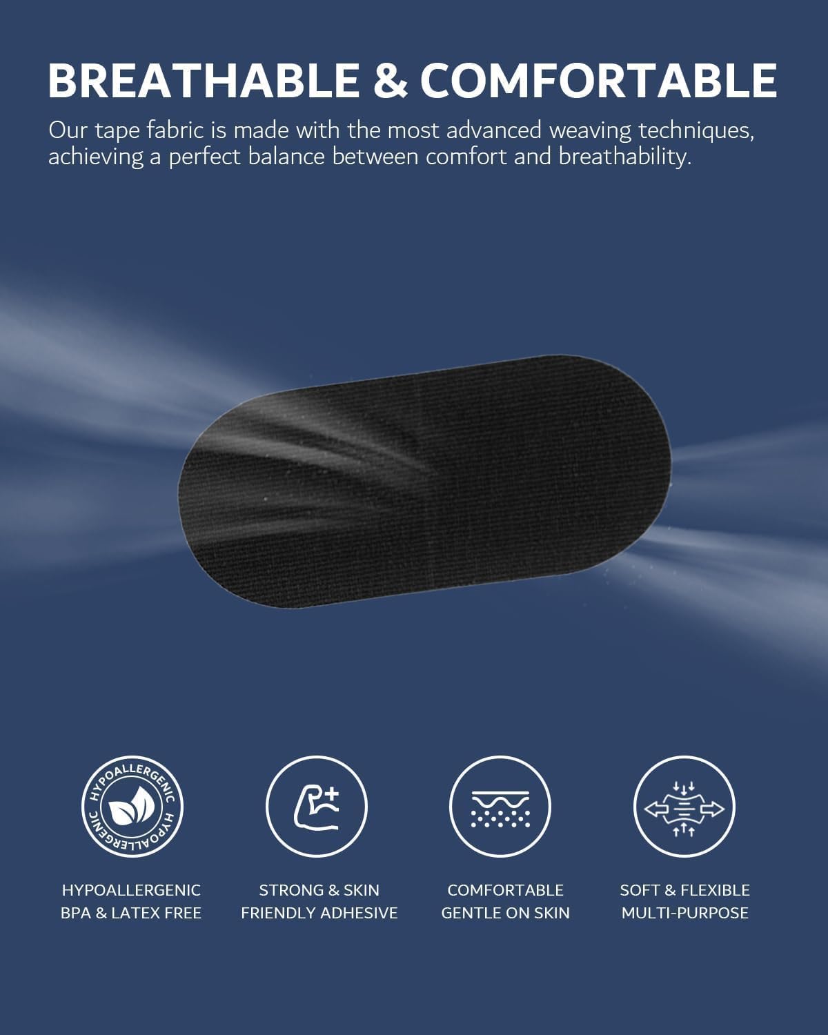 Black Premium Tape (60 Pack) - Pain Free Removal, Hypoallergenic, Latex Free & Gentle On Skin - Skin Friendly Adhesive Cotton Tape