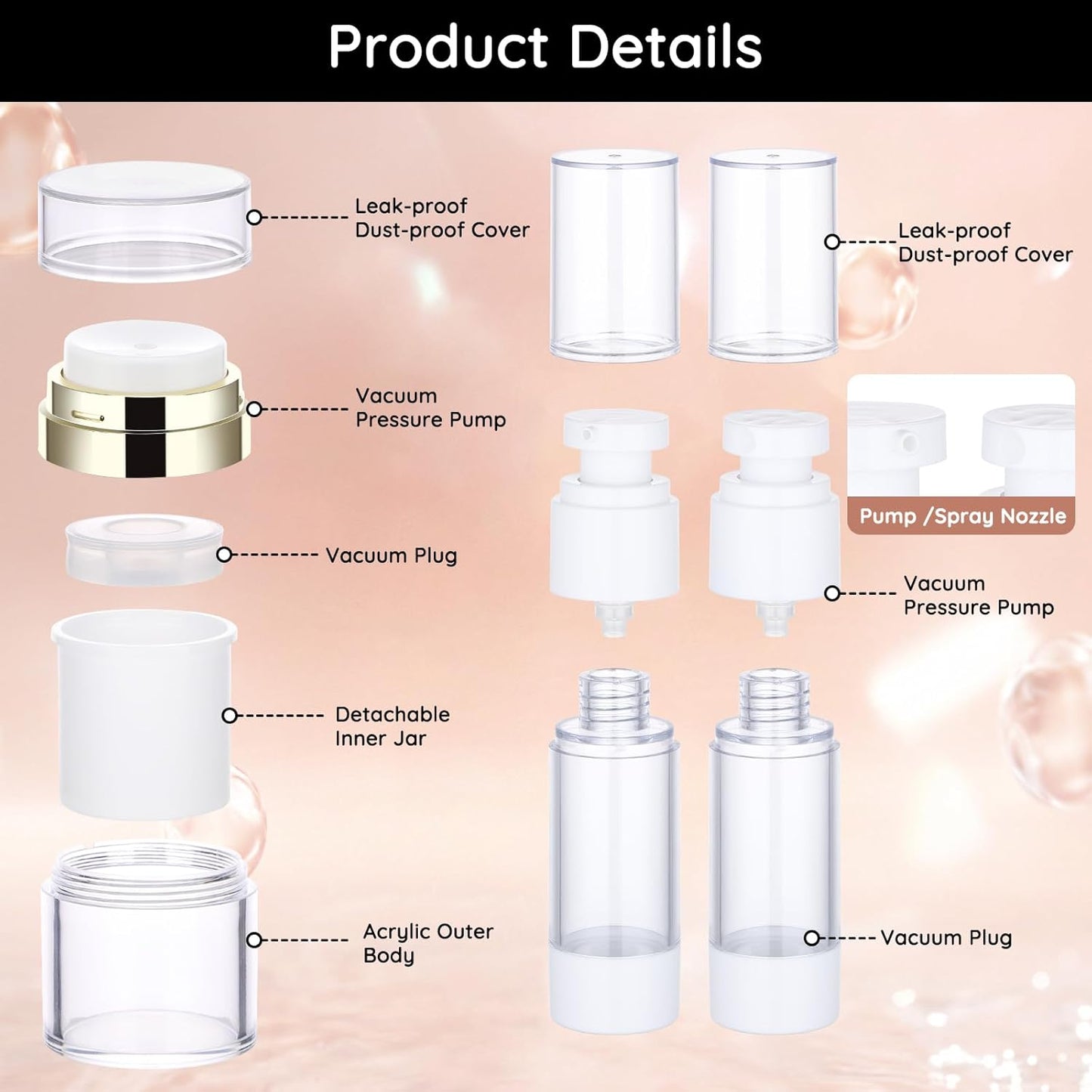 Segbeauty 12pcs Empty Airless Pump Bottles Travel Set, Golden Airless Pump Jar for Face Cream Moisturizer, Refillable Vacuum Lotion Dispenser, Vacuum Fine Mist Atomizer Hair Sprayer 0.5oz 1oz 1.7oz