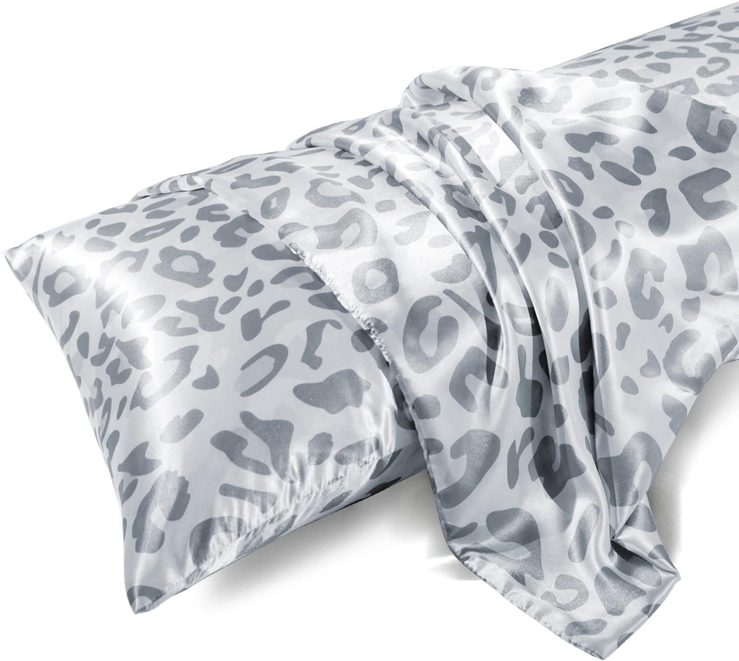 MR&HM Satin Body Pillow Cover, Soft and Breathable Body Pillow Case with Envelope Closure, Cooling and Silky Long Pillowcase for Hair and Skin,Grey (20x54, Silver Leopard)