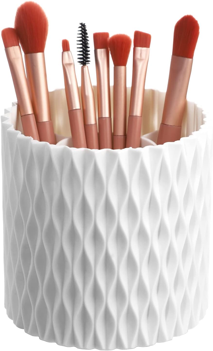 White 360° Rotating Makeup Organizer, Spinning Makeup Brush Holder, Unique Textured Makeup Brush Cups for Vanity Decor, Lipstick Holder for Bathroom Counter, Desk Storage Container