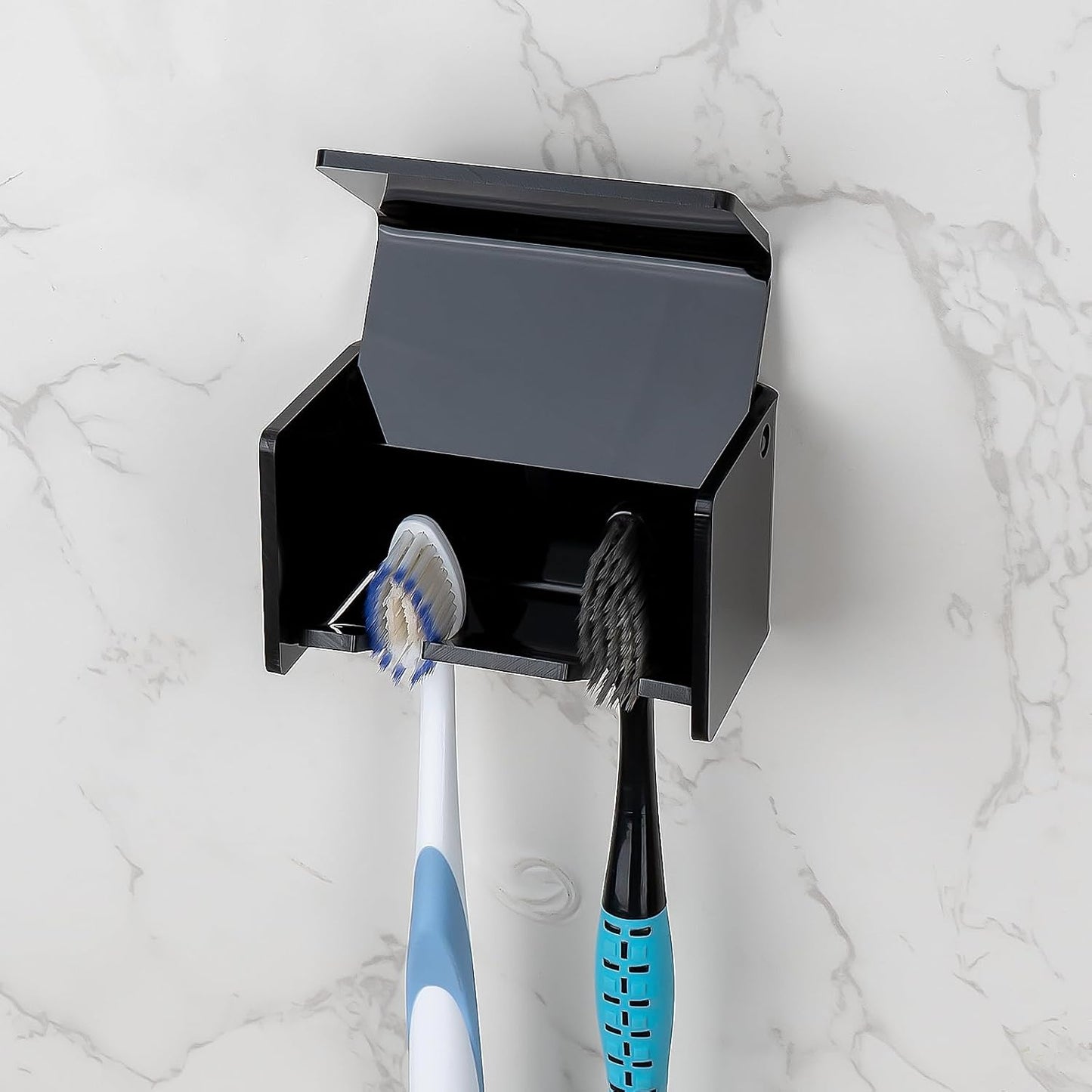 2 Pack Toothbrush Holder Wall Mounted with Cover for Bathroom, 2 Slots Toothbrush Storage Organizer for Shower, Self Adhesive Toothbrush Hanger Rack for Dorm, Cabinet (Black)