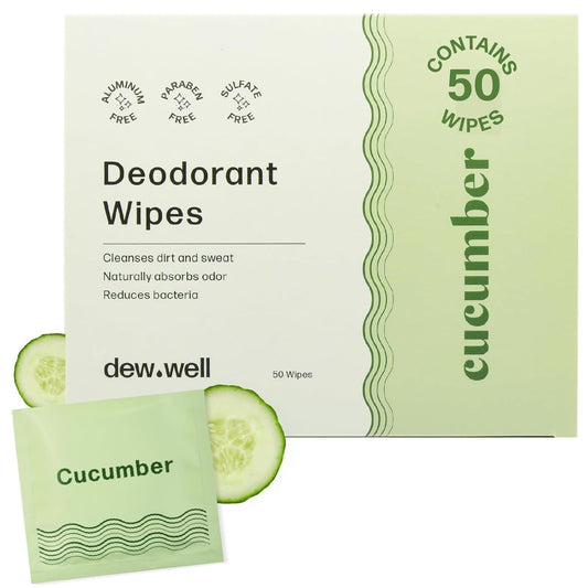 Dew Well Refreshing Deodorant Wipes - 50 Individually Wrapped Wet Wipes for Body, Face, and Armpits - Travel Size Toiletries for Men and Women - Aluminum, Paraben, and Sulfate Free (Cucumber Scent)