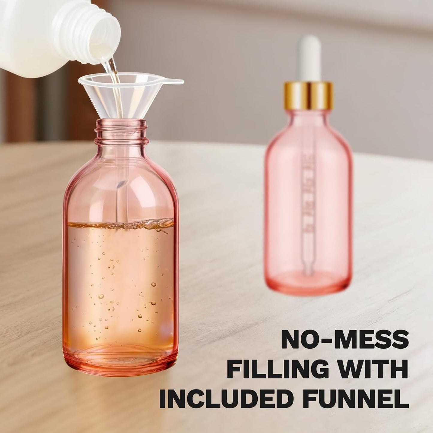 Bumobum 2 oz Dropper Bottle, Pink Glass Dropper Bottle with Measured Dropper & Golden Cap, Empty Eye Tincture Bottles with Funnel, Pipette & Labels for Essential Hair Oils Serums, 4 Pack