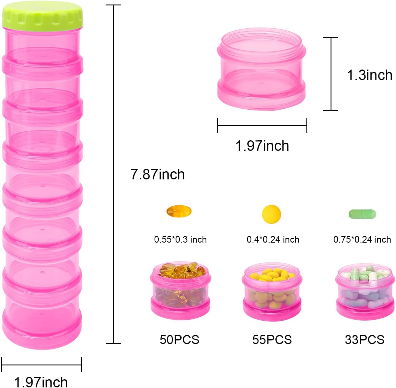 2 Pack 7 Day Pill Organizer Case Stackable Weekly Supplements Vitamins Pills Holder Dispenser Large Translucent Pink with Extra Lid