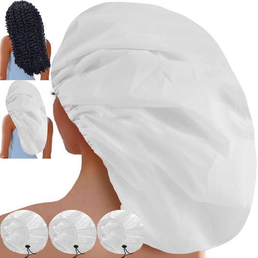 3 Pcs Extra Large Shower Caps for Women, Waterproof Adjustable XL Jumbo Satin Lined Shower Cap for Long Hair & Braids, Reusable Double Layer Large Bath Cap for Dreadlocks, Locs (White)
