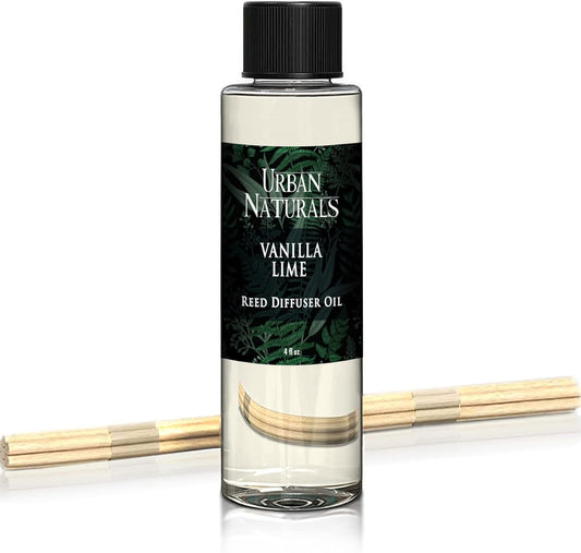 Urban Naturals Reed Diffuser Oil Refill, Vanilla Lime Citrus Essential Oils with Cane Sugar, Lime, Vanilla, 4 oz + Free Reed Sticks, Made in The USA