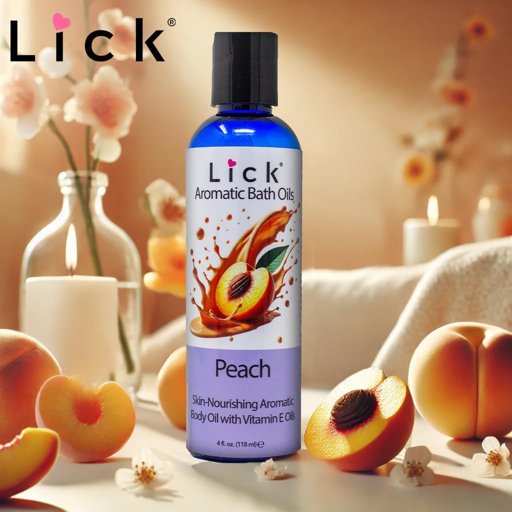 LICK Peach Aromatic Bath Oil; Natural Ingredients Blend of Sweet Almond Oil, Vitamin E, Jojoba Oil for Skin; Relaxing Aromatherapy Gifts for Women; Paraben Free, Made in USA