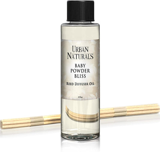Urban Naturals Reed Diffuser Oil Refill, Baby Powder Bliss Diffuser Oils with Rose, Geranium, Cedar, 4 oz + Free Reed Sticks, Made in The USA