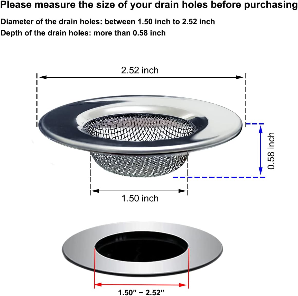 1.50" Bathtub Strainers, Bathroom Sink Strainers, Shower Drain Hair Catcher, Drain Strainer for Laundry, Mop Pool, Utility, Slop, RV Sink, Stainless Steel, Pack-2