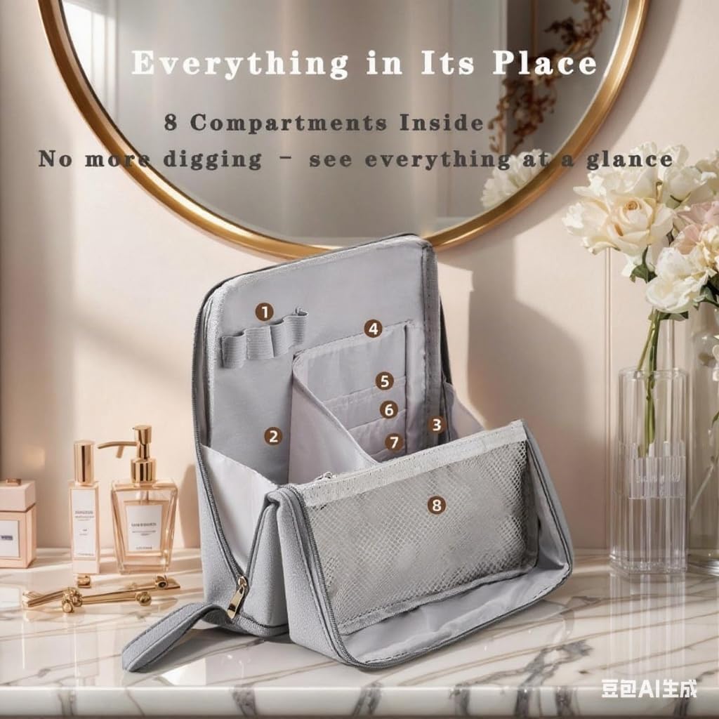 Standing Makeup Bag with Brush Holder, Organizer Travel Cosmetic Bags, Small Make Up Pouches for Women Grey