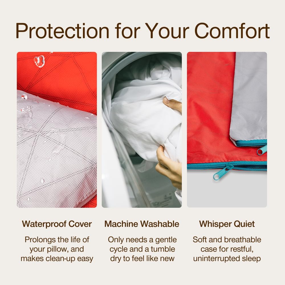 Coop Home Goods Nylon Camping and Travel Pillow Cover, Waterproof Camping Pillow Protector, Zippered Cover, Washable Travel Pillowcase (Red)